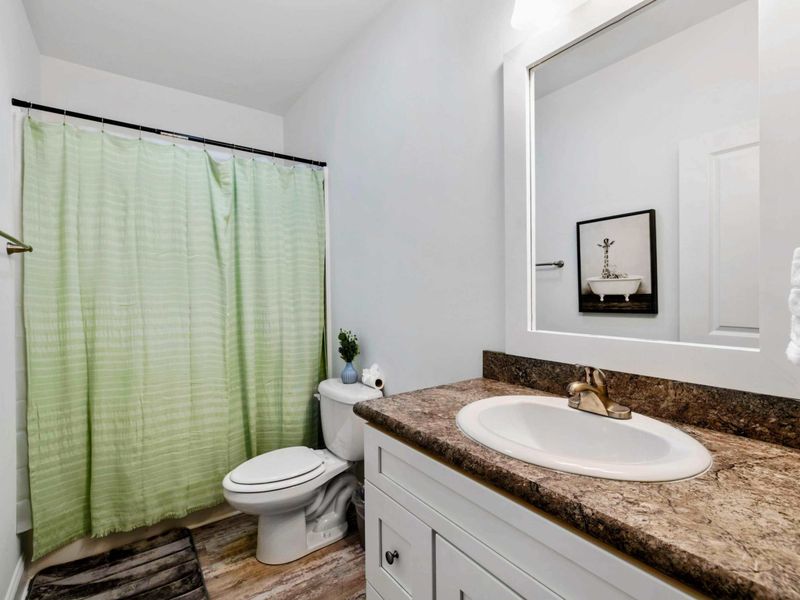 Bathroom - Full bath with granite vanity, green striped shower curtain, and a whimsical giraffe-in-bathtub print.