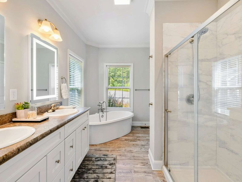 Primary Suite Bathroom - Luxurious ensuite bathroom with a double vanity, a walk-in shower, and a freestanding soaking tub