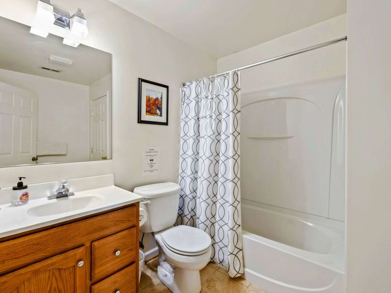 Bathroom - Single vanity with oak cabinetry, tub/shower combo with a geometric curtain, and autumn foliage art.