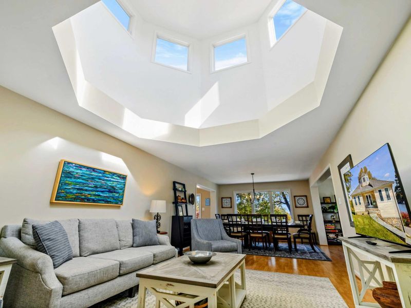 Stunning living area with a unique skylight feature, cozy seating, and an open flow to the dining space