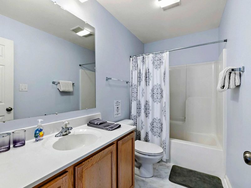 Bathroom - Single vanity with soft blue walls, tub/shower combo, and a medallion-print shower curtain.
