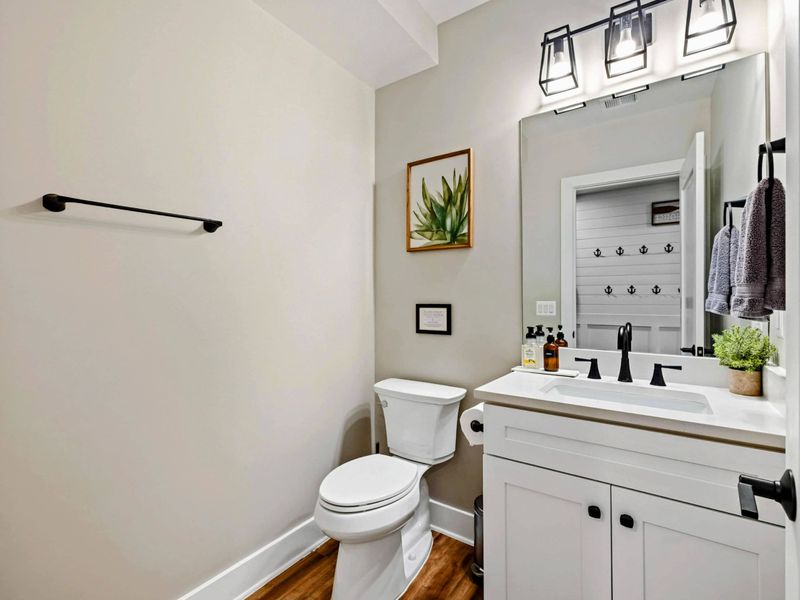 Half Bath (Lower) - Lower level half bath with modern fixtures and framed wall art.