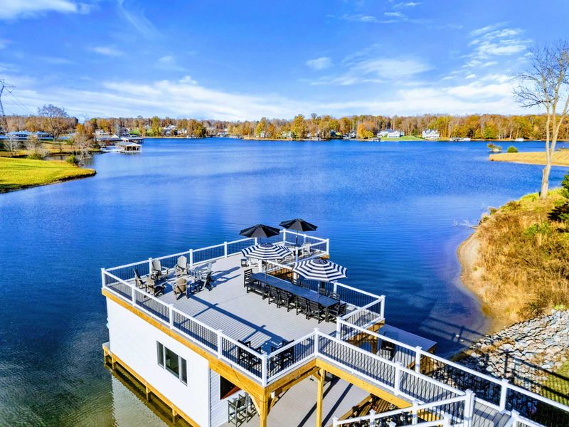 Dock - Overhead view of the floating platform with conversation seating and umbrellas.
