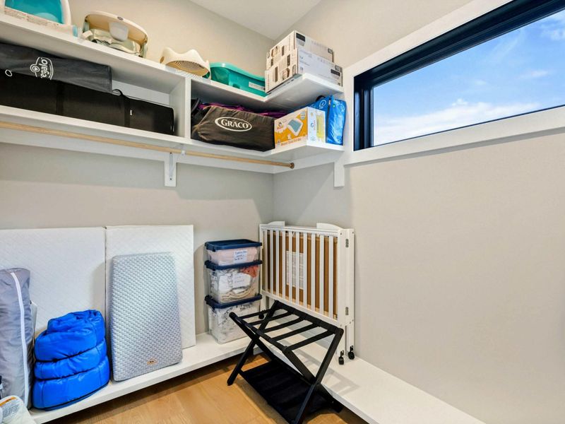 Primary Suite - Walk-in closet with organized shelving and ample hanging space.