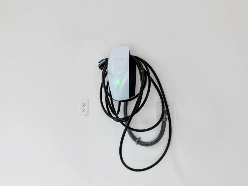 Convenient electric vehicle charging station installed on the garage wall for eco-friendly travelers.