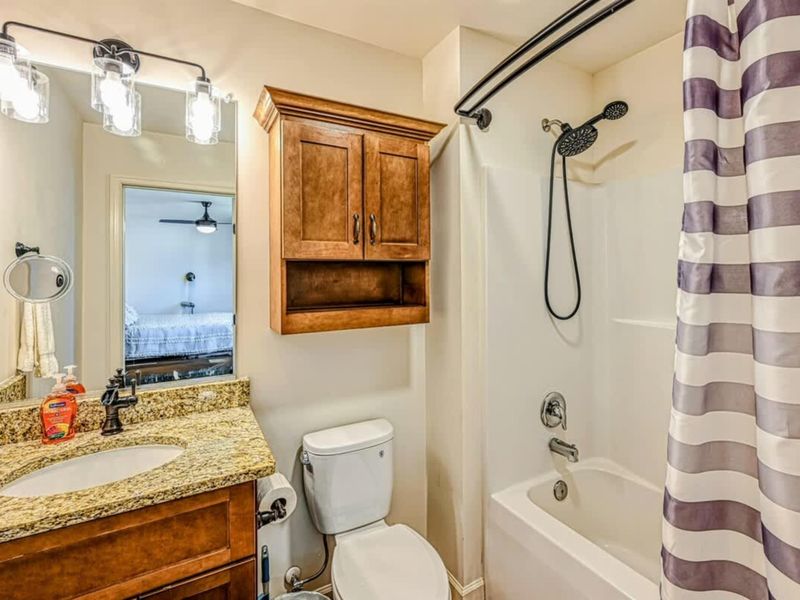 Suite #2 Bath - Granite counter, shower-tub combination, fitted out for the long lake stay.
