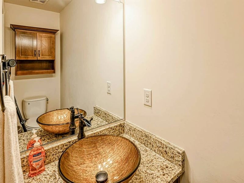 Half Bath - Modern vessel sink, granite counter, finished with the rest of the home's polished feel.