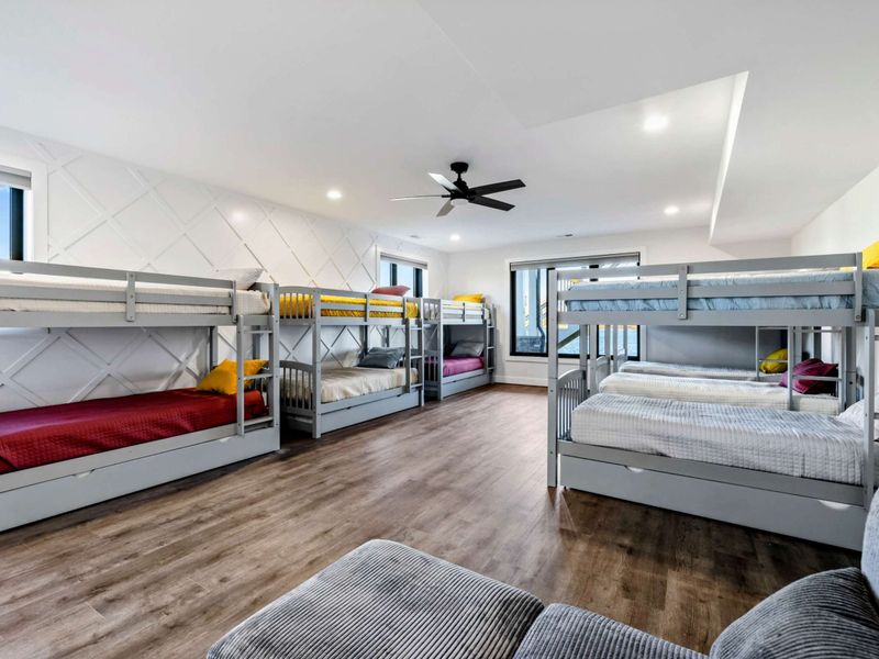 Bunk Room - Five sets of bunks lining a feature wall. Sleeps a crew, with the lake right out the window.