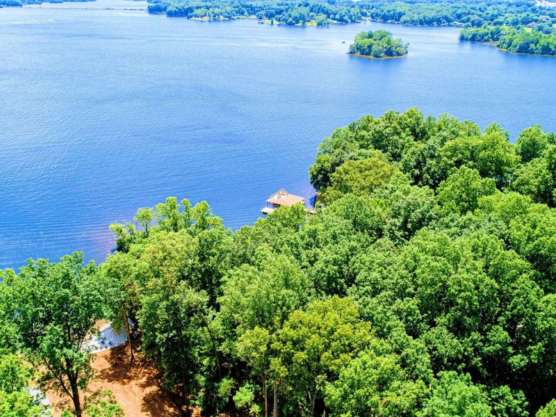 Breathtaking aerial view of a peaceful lakeside retreat surrounded by trees and sparkling blue water.