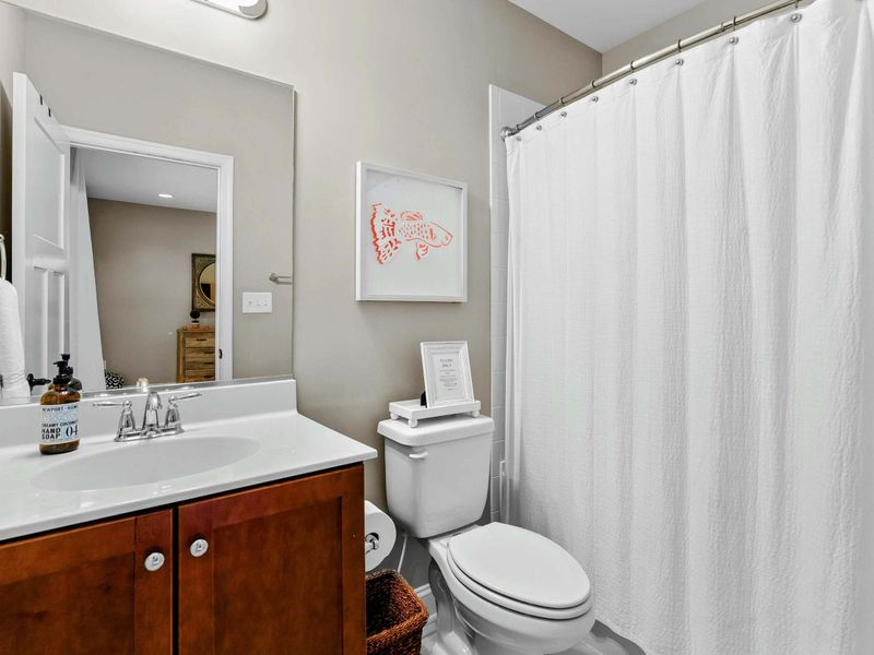A well-appointed bathroom featuring a shower-tub combination, a sleek vanity, and tasteful decor for a relaxing and functional space.