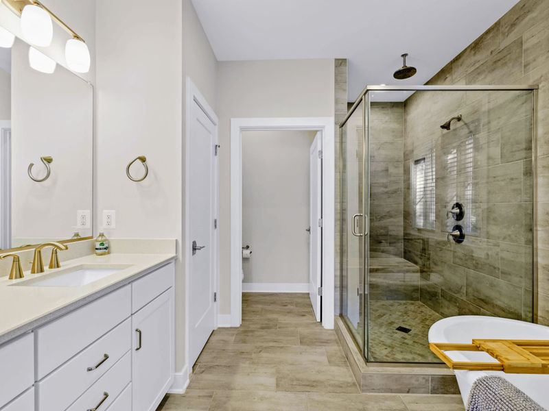 Primary Bath - Single vanity view with the large walk-in tile shower and the freestanding soaking tub at right.