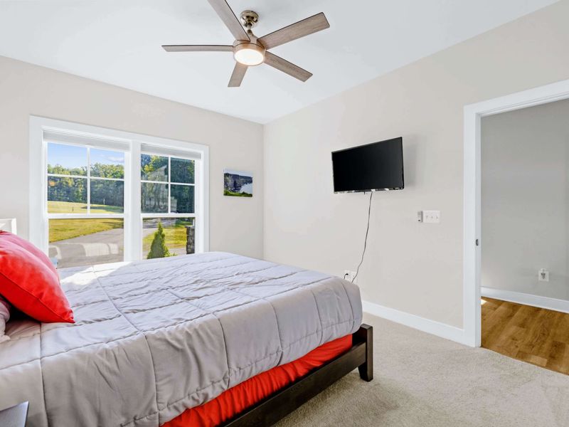 Suite 2 - King bed with mounted flat-screen, a large window with pasture views, and hallway access at right.