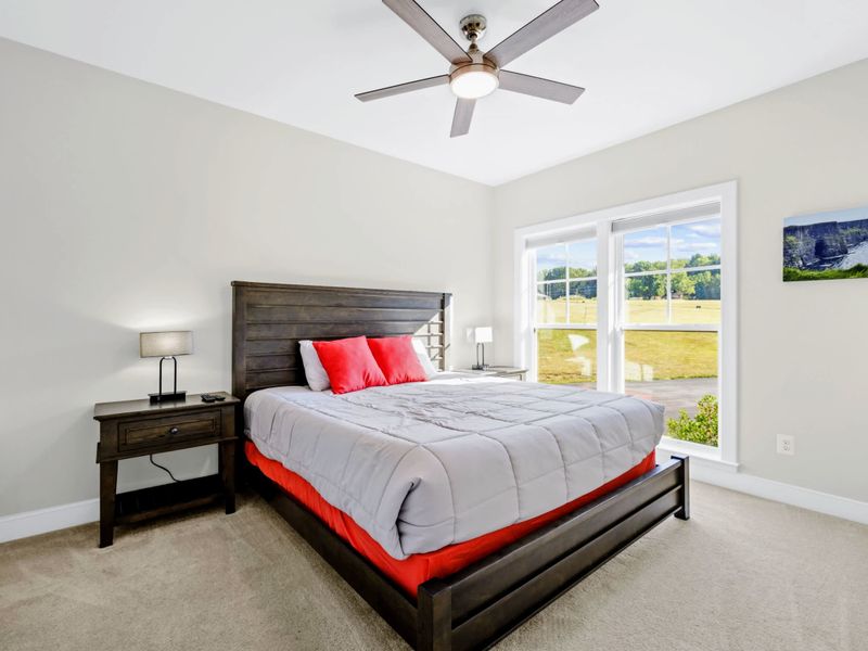 Suite 2 - King bed with a dark wood frame, coral accent pillows, ceiling fan, and bright window light over the pasture.