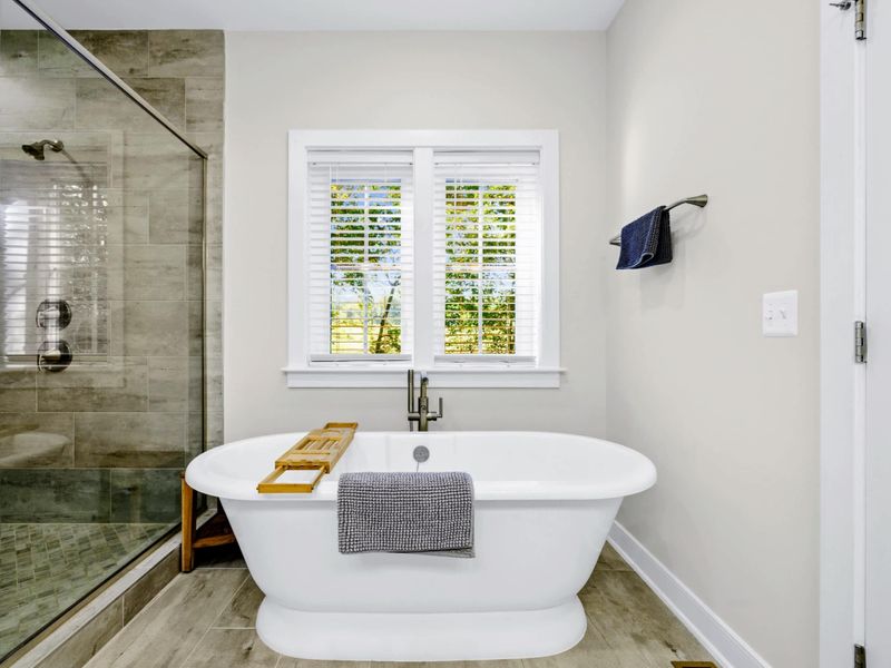 Primary Bath - Freestanding soaking tub framed by bright windows with treetop views, the walk-in shower just to the left.