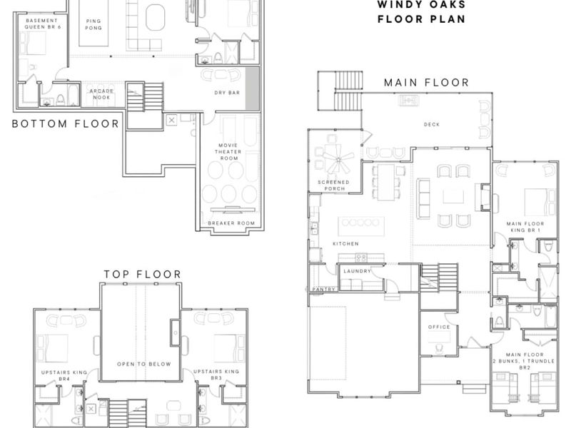 Floor Plan - Three-level layout showing the main floor, top floor with two king suites, and bottom floor with game room and theater.