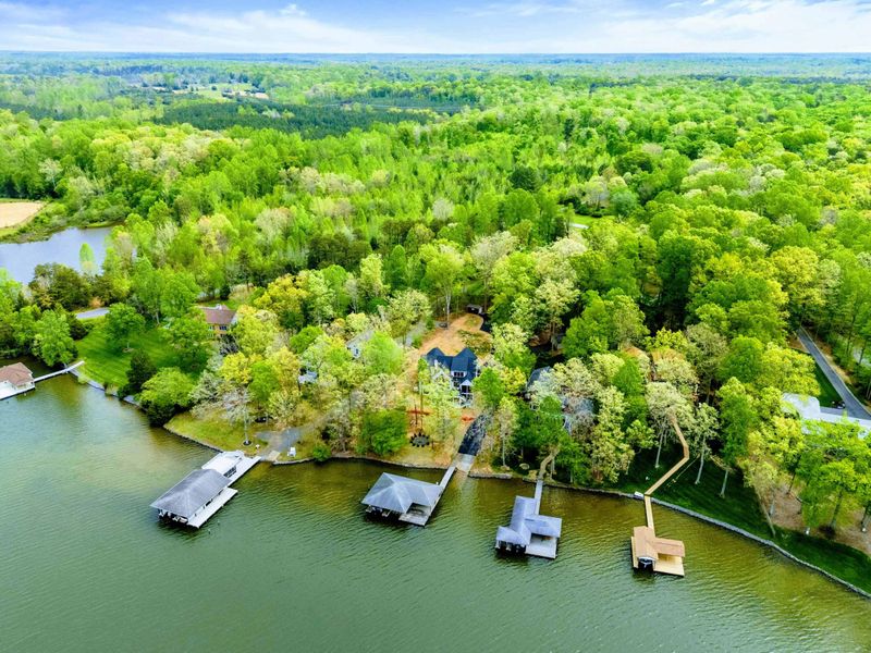 Aerial - The cove and surrounding docks framed by a lush green tree canopy in full spring color.