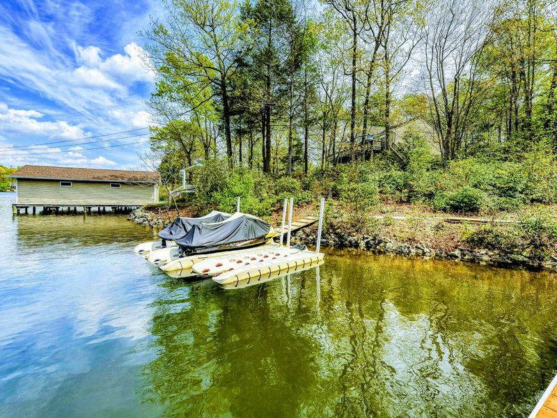 Waterfront - Floating dock and jet ski platform viewed from the water with the wooded lot beyond.