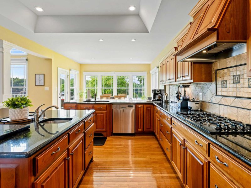 Kitchen Detail - Gas cooktop, stone backsplash, and granite countertops with views to the lake through the windows.