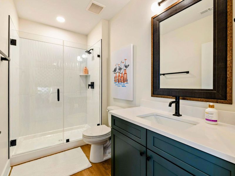 Bathroom 3 - A glass walk-in shower, teal vanity, and whimsical bird art bring personality to this en-suite bathroom.