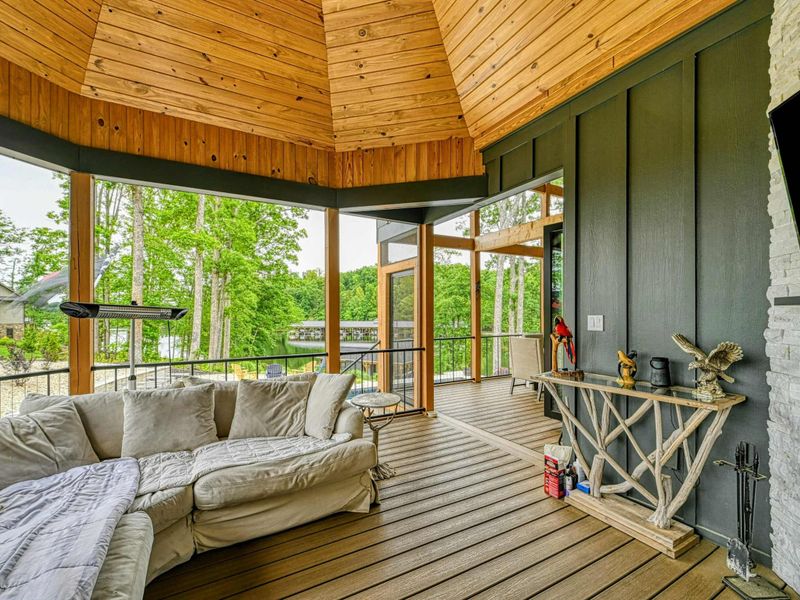 Turret Lounge - The turret's unique conical cedar ceiling, sectional seating, and Smart TV create a one-of-a-kind outdoor living room.