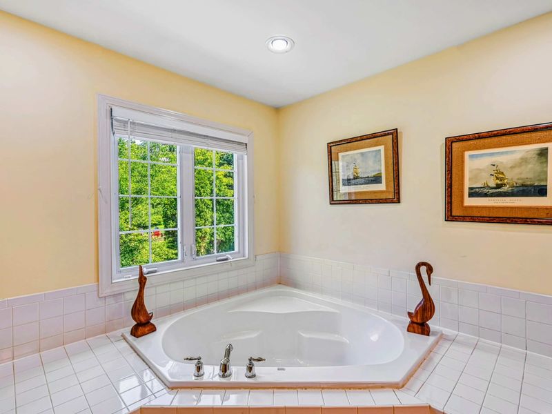 Primary Bathroom - Corner soaking tub detail with wooden swan figurines and window overlooking the trees.
