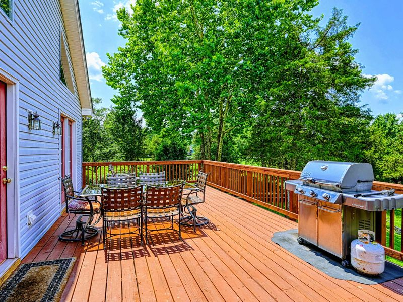 Deck - Upper-level wood deck with a round dining table, chairs, and stainless steel gas grill under the tree canopy.