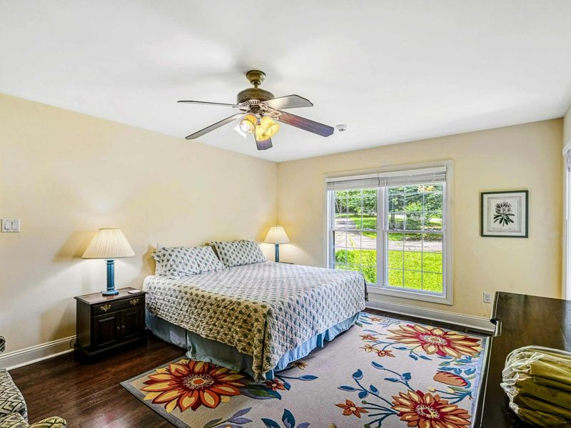 Bedroom 3 - King bed with blue geometric bedding, floral area rug, ceiling fan, and garden-view window.