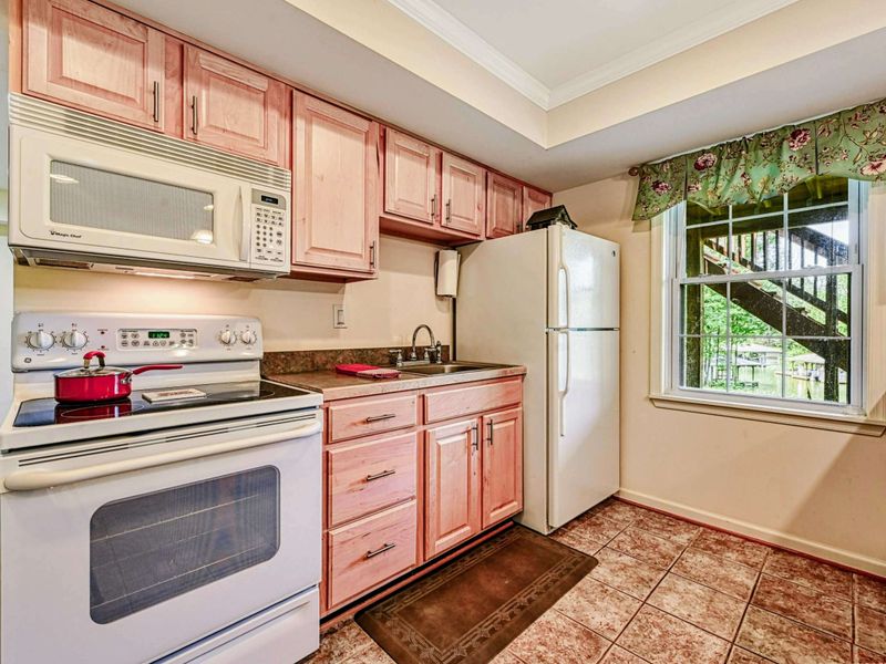 Lower Level Kitchenette - Range, microwave, maple cabinets, and window view in the self-contained second kitchen.