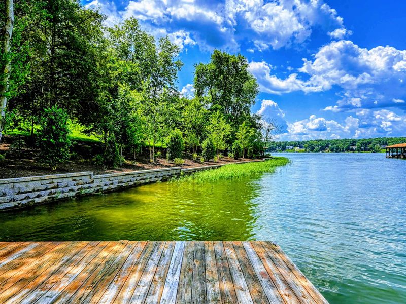 Waterfront - View from the dock looking back at the lush green lawn and stone seawall along the shoreline.