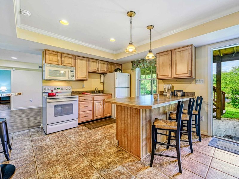 Lower Level Kitchenette - Alternate view of the island bar, countertops, and French door to outside.