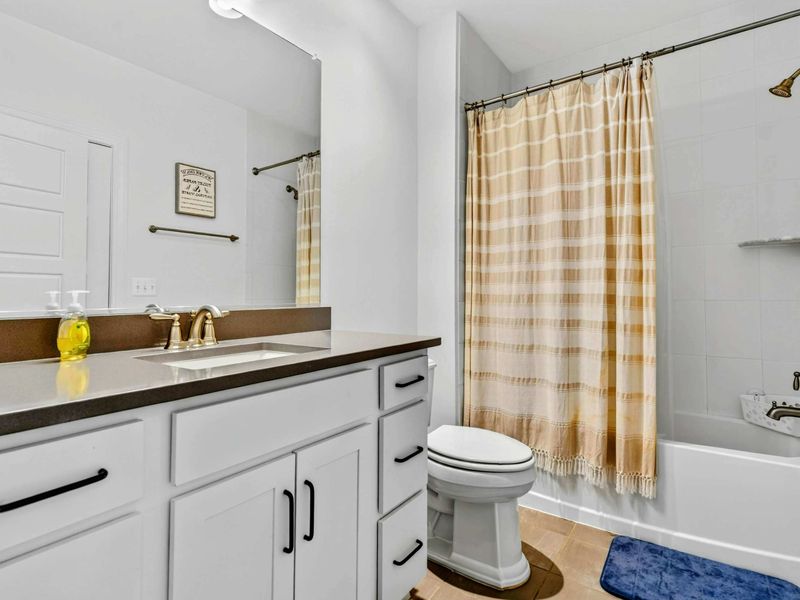 Guest Bathroom - A white single vanity with gold-accented tub and a plaid shower curtain bring warm, lake-house charm.