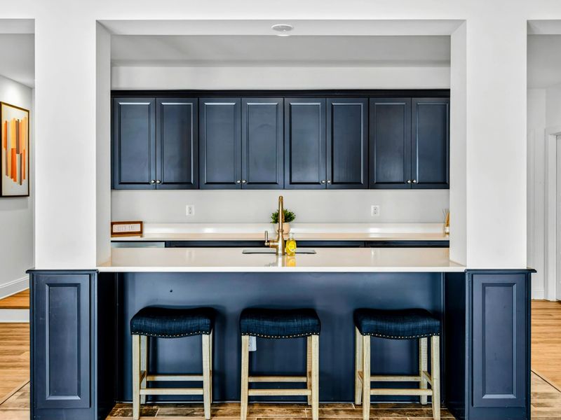 Wet Bar - Navy cabinetry, gold gooseneck faucet, and white quartz counters set the stage for evening cocktails downstairs.