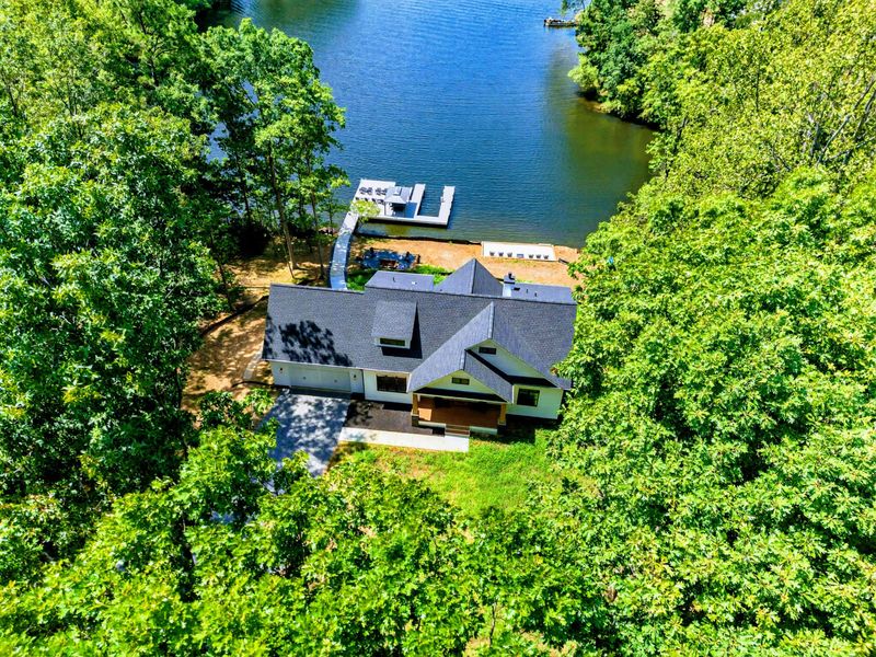Aerial View - The home and private dock seen from directly above, surrounded by mature trees.
