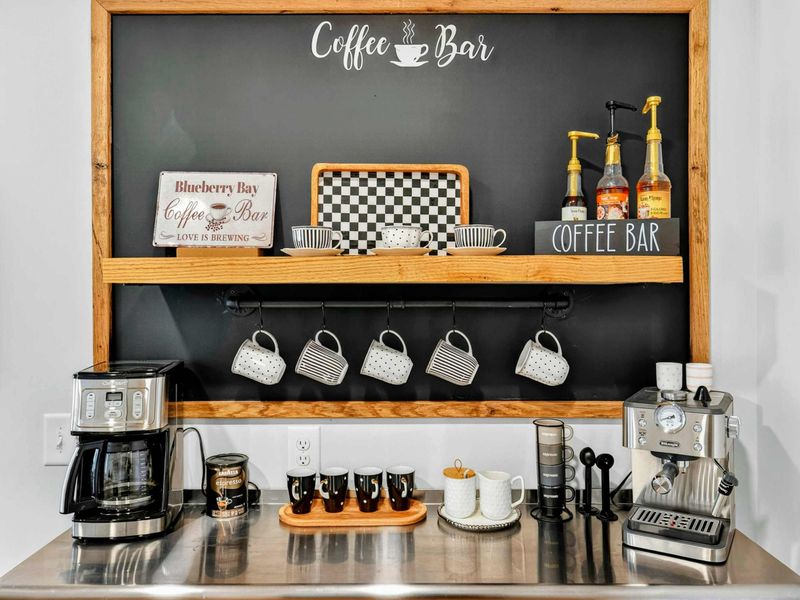 Coffee Bar Detail - Guests love fresh latte's at the Blueberry Bay coffee bar while watching the boats and kayakers go by and catching the sunrise in the morning - now that's a vacations!