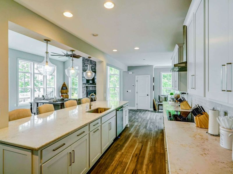 Large fully stocked kitchen with huge island, new stainless steel appliances, and large pantry.