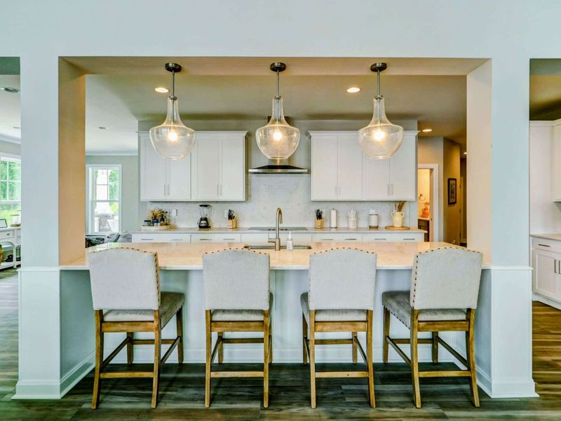Large fully stocked kitchen with huge island, new stainless steel appliances, and large pantry.