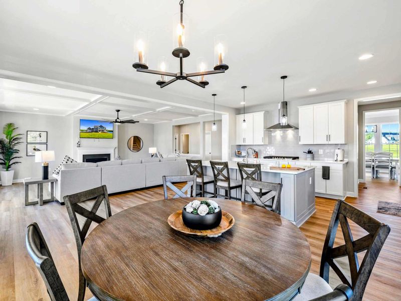 Stylish open-concept living and dining area with a modern kitchen, cozy seating, and elegant lighting.