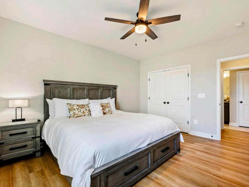 Elegant bedroom with a king-size bed, ceiling fan, and ample closet space
