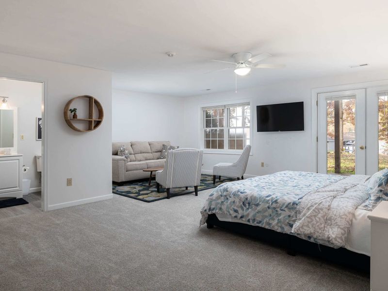 basement master with king bed, sofa bed, and private bathroom