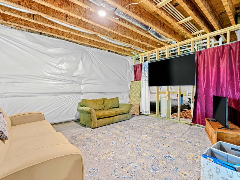 Lower Level - TV viewing area with sofas and a futon for movie nights or rainy-day downtime.