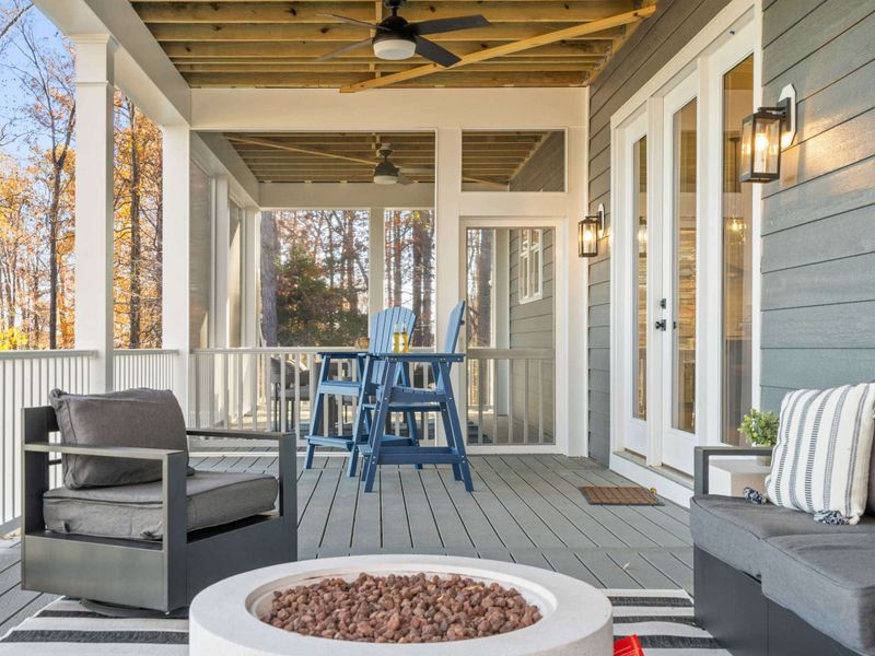 Blue Chairs and Fire Pit - Blue Adirondack bar chairs and the fire pit lounge on the lower deck, with the hot tub just around the corner.