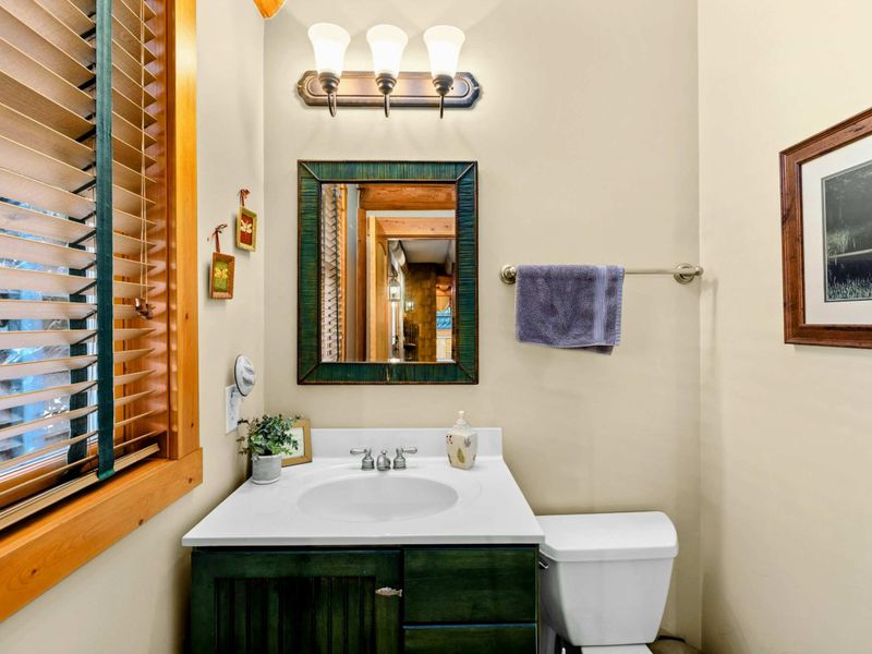 Half Bath - Green vanity cabinet with a matching framed mirror and wood blinds complement the log cabin character.
