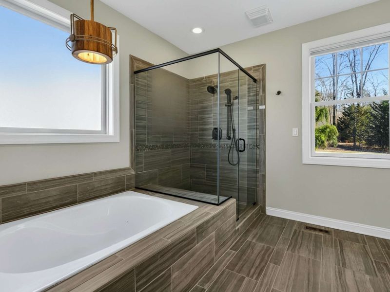Primary Bathroom - Soaking tub and glass-enclosed walk-in shower with wood-look tile and pendant light.