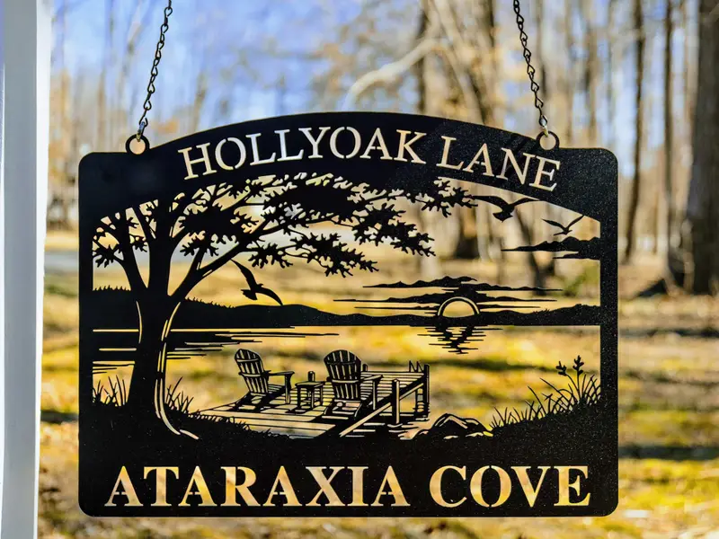 Property Sign - The custom metal Ataraxia Cove sign welcomes guests with a lakeside silhouette.