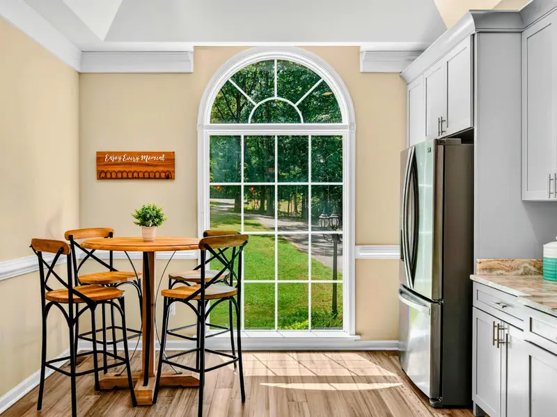 A bistro table for two with a garden view. Sometimes the best meals are the simplest.