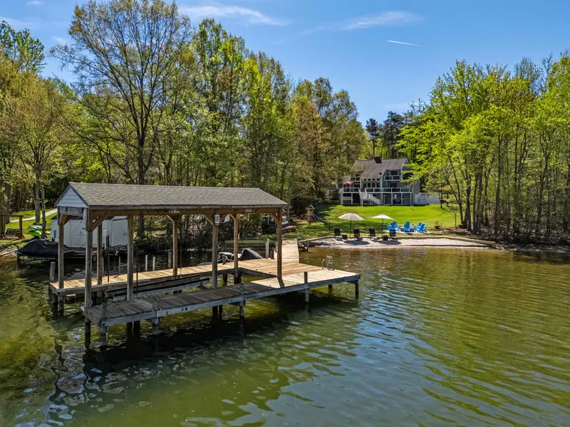 Waterfront Aerial: From the fire pit to the end of the dock.