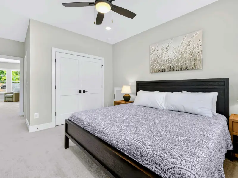 Bedroom 4 - Dark king bed beneath botanical art, ceiling fan overhead, and a double closet with sightline into the carpeted lounge beyond.