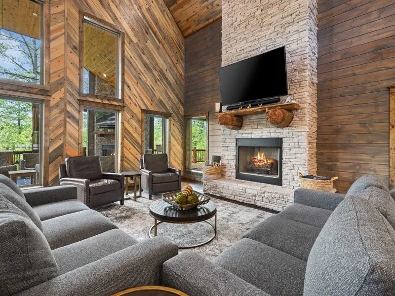 Cozy movie nights with a forest view await in our cabin living room