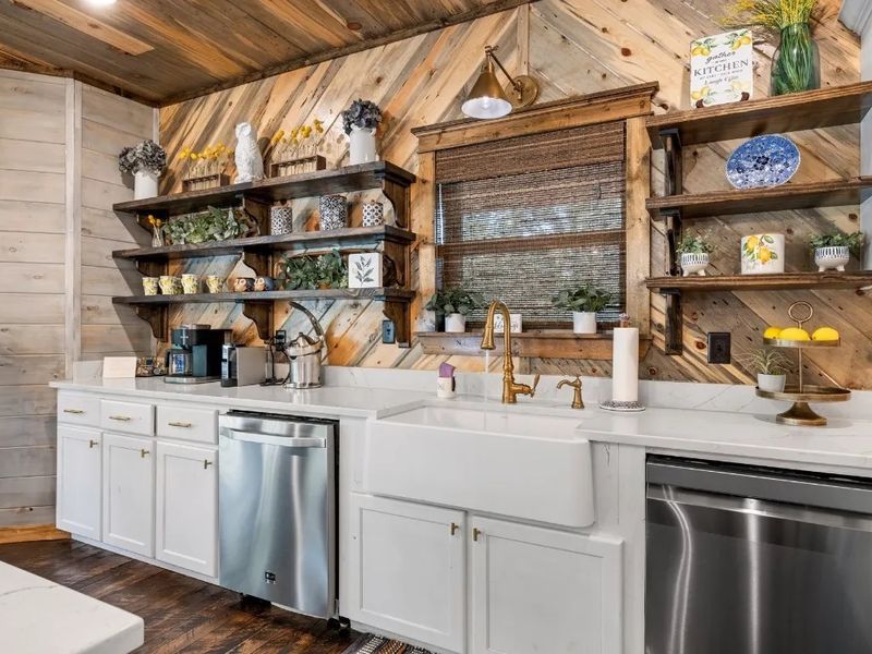 The charm of a farmhouse sink and the convenience of a dedicated coffee station