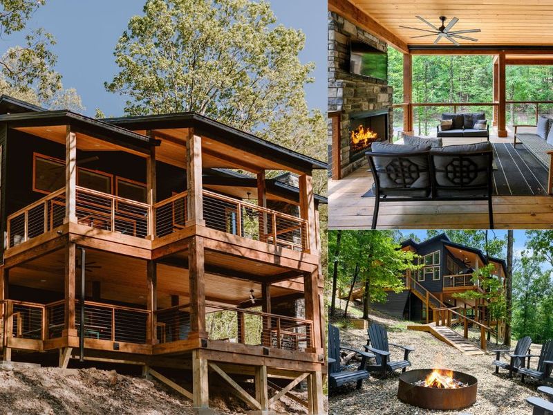 Forest Escape: Stroll along the wooden walkway through peaceful woods and arrive at your private luxury cabin retreat.